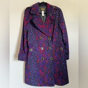 Bob Mackie Purple Magenta Animal Print Double Breasted Trench Coat sz S